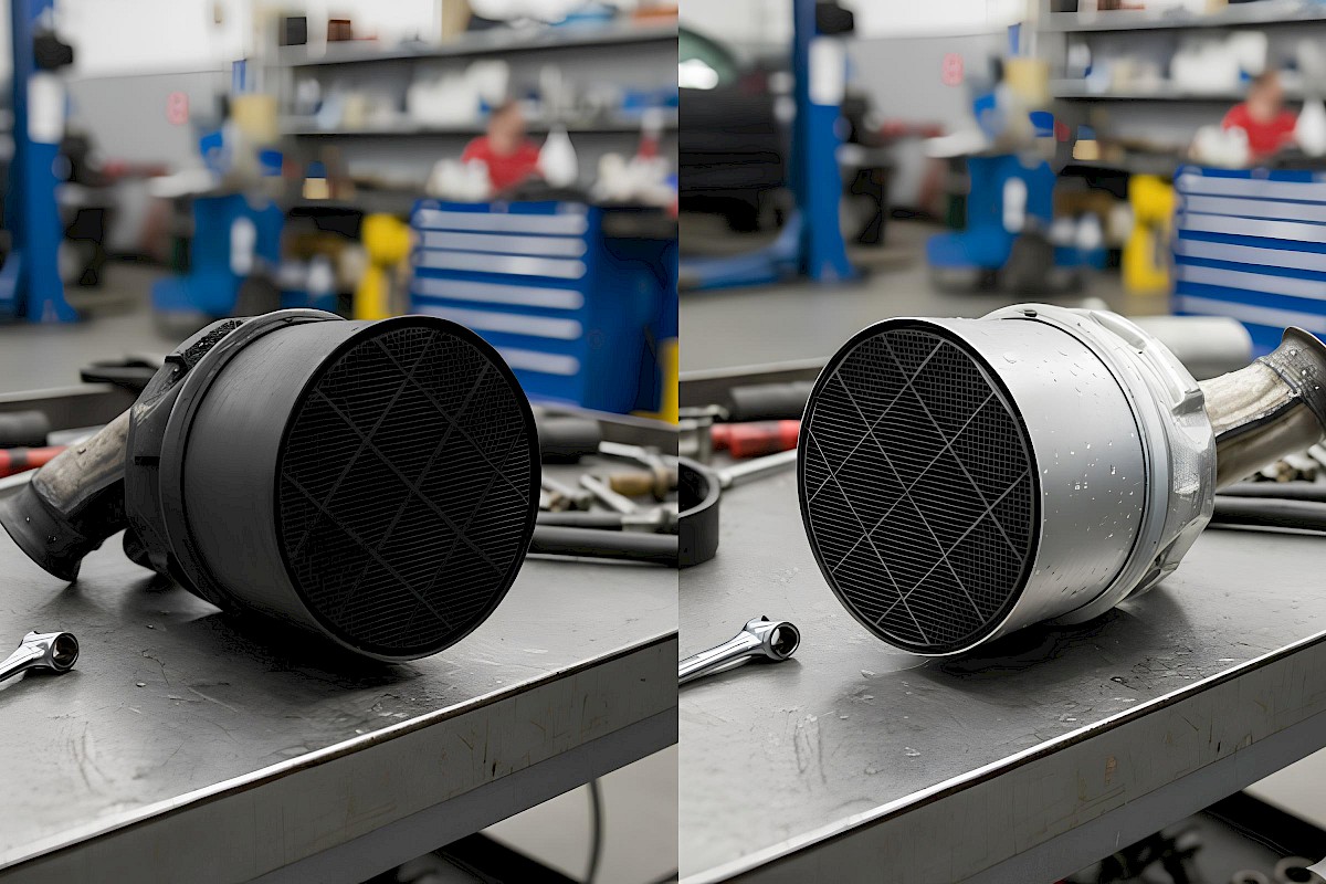 Comparaison entre 2 filtres à particules. L'un est sale, l'autre nettoyé.