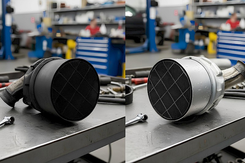 Comparaison entre 2 filtres à particules. L'un est sale, l'autre nettoyé.