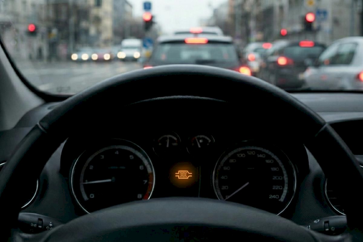 Voyant du filtre à particules (FAP) allumé sur le tableau de bord d'une voiture dans la circulation urbaine.