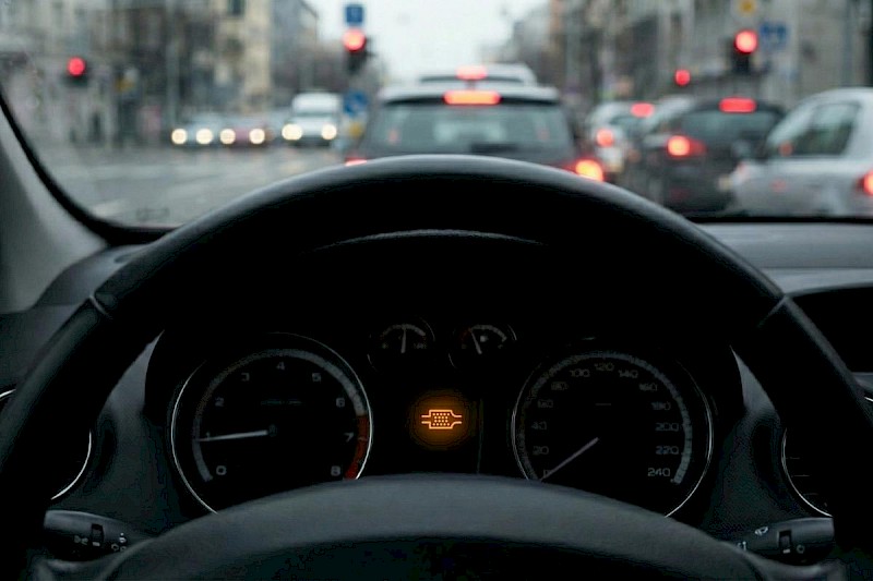 Voyant du filtre à particules (FAP) allumé sur le tableau de bord d'une voiture dans la circulation urbaine.