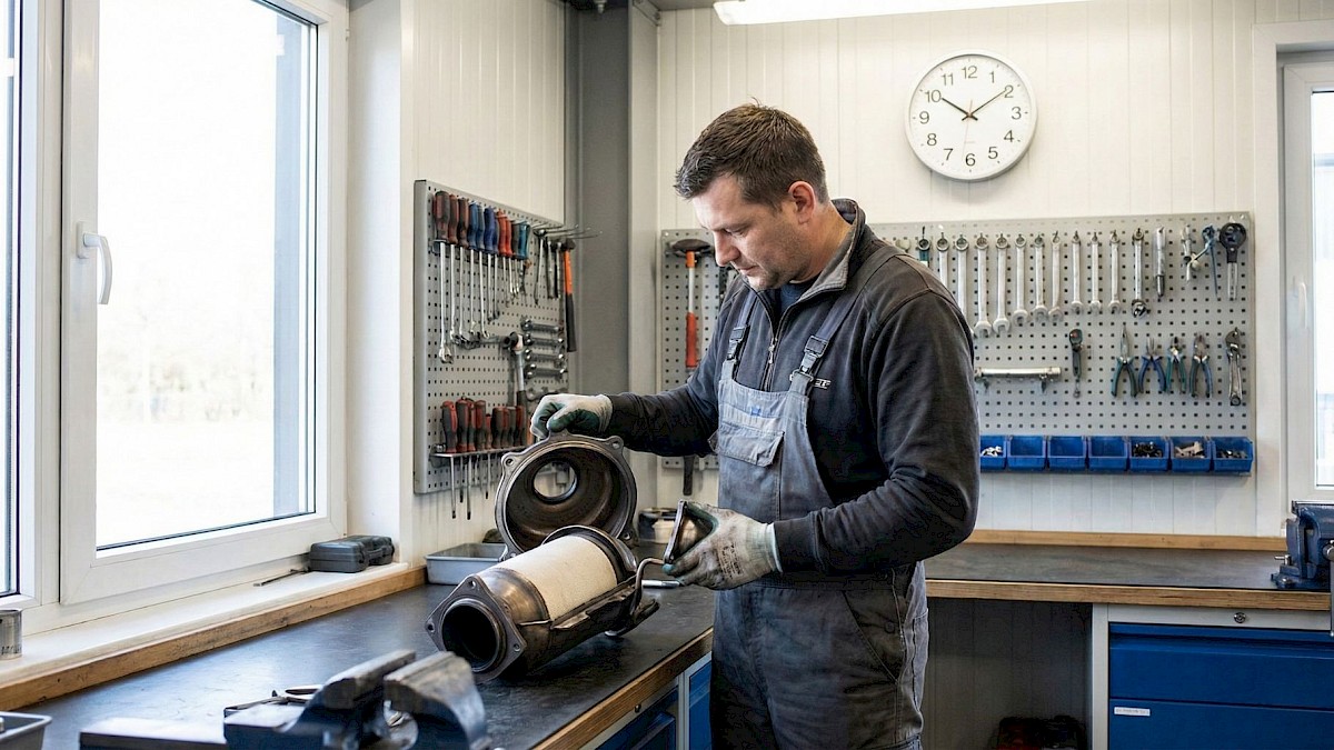 Mécanicien réparant un FAP.